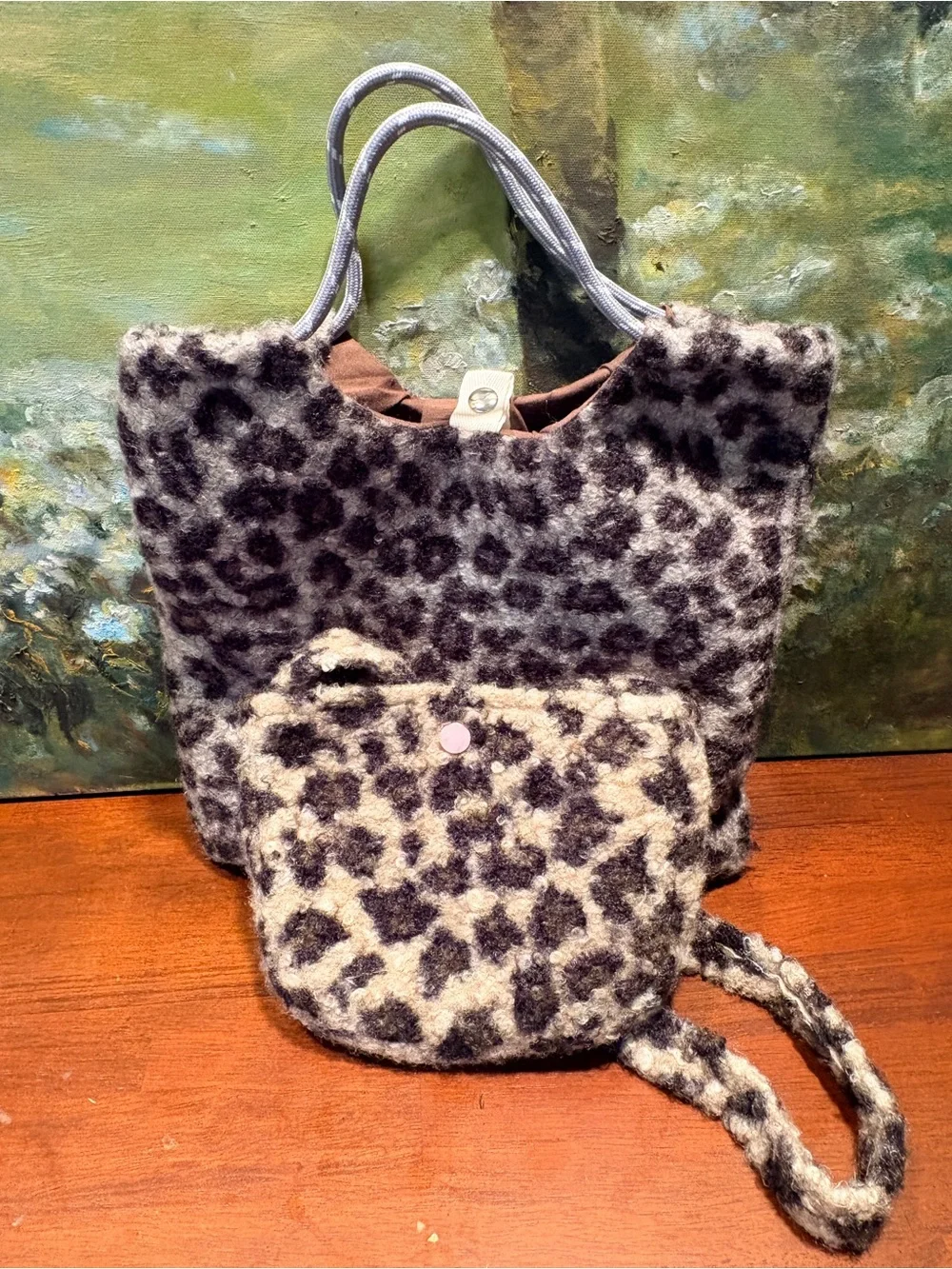 Leopard Print Faux Wool Tote and Crossbody Set - Gray